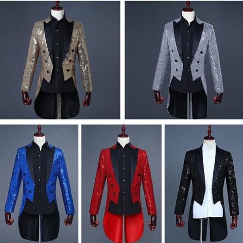 2018 New Arrival Black Mens Tailcoat Jacket Sequin Red Men Suit magician Stage Blazer Tuxedo Prom Bar singer Sequin Ternos