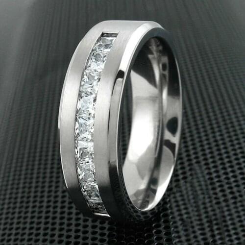 Fashion Unisex Stainless Steel Princess Cut AAA Cubic Zirconia Surface Brushed Ring Engagement Wedding Band Cocktail Party Ring