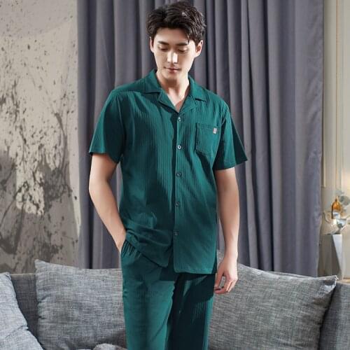 Men Pajamas Summer Style Short Sleeve Sleepwear Cotton Solid Cardigan Pyjamas Male Lounge Pajama Sets Big Size M - XXXL Sleep