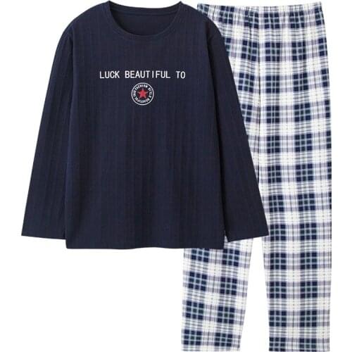 Boy Plaid Solid Striped Pajama Man Pullover Long Sleeve Trousers Pyjamas Loose Ankle Wrist Pockets Jammies Sleepwear 6535 Cotton
