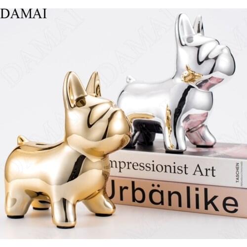 Gilded Dog Ceramic Figurine European Modern Silver Plated Animal Decorative Piggy Bank Bedroom Storage Ornaments Home Decoration