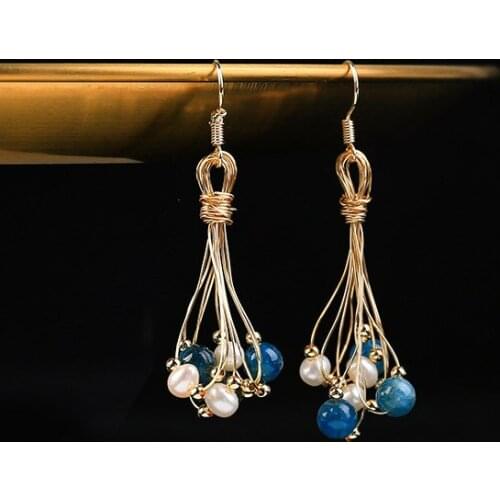 Romantic Long Drop Earrings Handmade Blue Color Kyanite Genuine Pearls Earring Gift for Mother Lady Girls Fine Jewelry 60*20mm