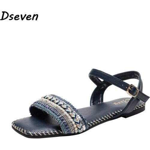 2021 Summer Ethnic Style Female Sandals Fashion Weave Solid Color Square Toe Trip Flat Heel Women Sandals Shoes Ladies Sandalias