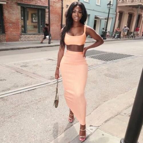 Slim Jacquard Knit Crop Top Two Piece Dress Pretty Chic Ribbed Spaghetti Strap High Waist Maxi Bandage Bodycon Sheath Dress Set