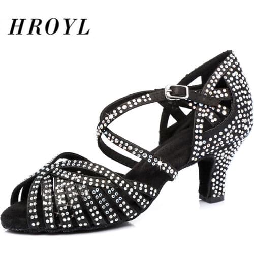 HROYL Women Latin dance shoes Female Girl Ladies tango Ballroom sandal salsa samba Rhinestone Sexy Party Heeled 6/7.5/8.5/9/10CM