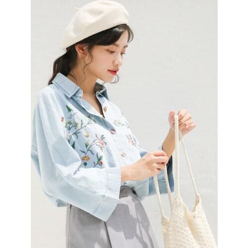 Embroidery denim shirts New spring Vintage Shirt female Oversize Tops Women Girls Blouse Plus Size Women Blouses femme Blusas
