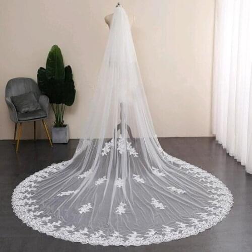 High Quality Gorgeous Two Tier White/Ivory 3M Cathedral Bridal Veil Lace Edge Decal Wedding Blush Veils With Comb