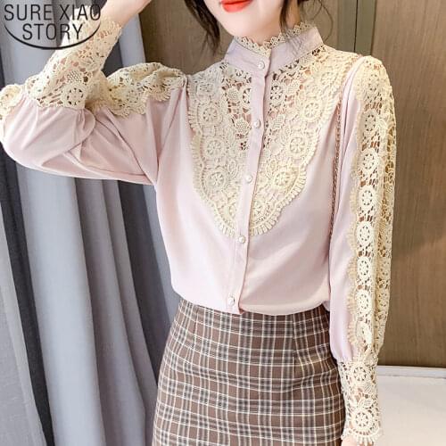 Women Spliced Shirt Fashion Crochet Hollow Lace Blouse 2021 Korean Sexy Puff Sleeve Stand Collar casual Bottoming Shirt 12731