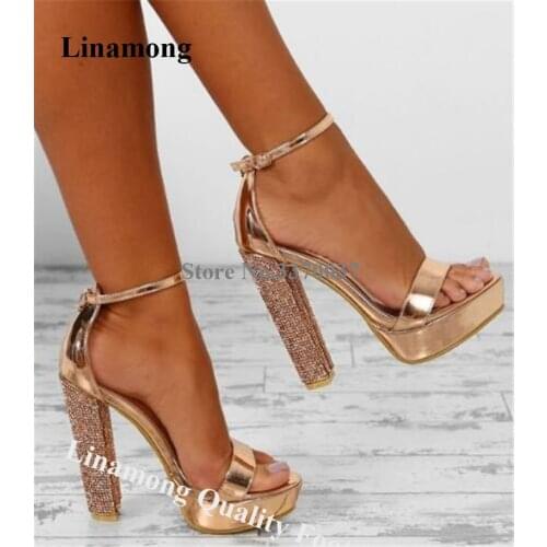 Linamong Bling Bling Open Toe Rhinestone Chunky Heel Sandals Ankle Strap Rose Gold Black Crystal Thick High Heel Sandals Heels