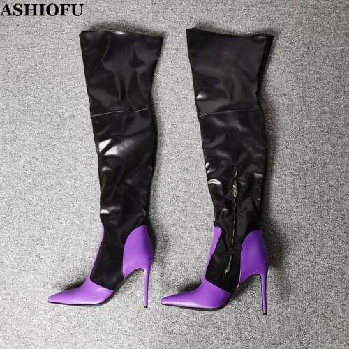 ASHIOFU Handmade Ladies High Heel Boots Patchwork Leather Thigh High Boots Sexy Stripper Club Winter Evening Fashion Boots Shoes