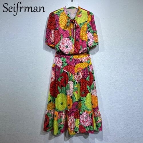 Seifrmann New 2021 Summer Women Fashion Designer Skirts Set Lantern Sleeve Loose Tops+High Waist Patchwork Long Skirts Suits