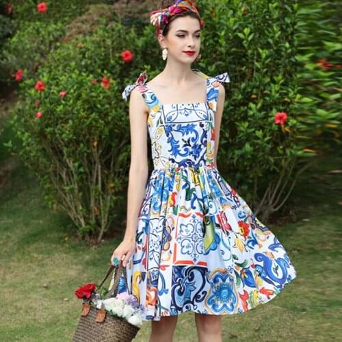 New Designer Fashion Summer Dress Womens Spaghetti Strap Blue Amazing Flower Print Elegant Casual Beach Dress