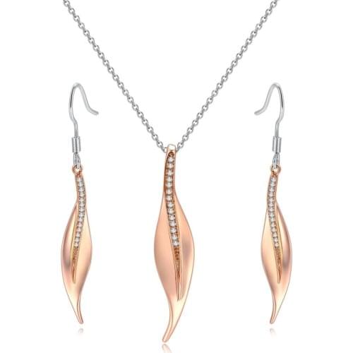 Double Fair Romantic Rose Gold Feather Dangle Necklace And Earrings Fashion Jewelry Sets For Women Engagement Party Gift F100