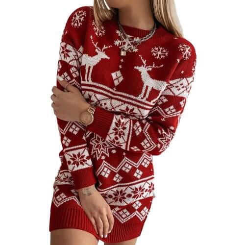 Women Christmas Dress for Ladies Knitted Autumn Women Temperament Elk Snowflake Round Collar Long Sleeve Sweater Short Skirt