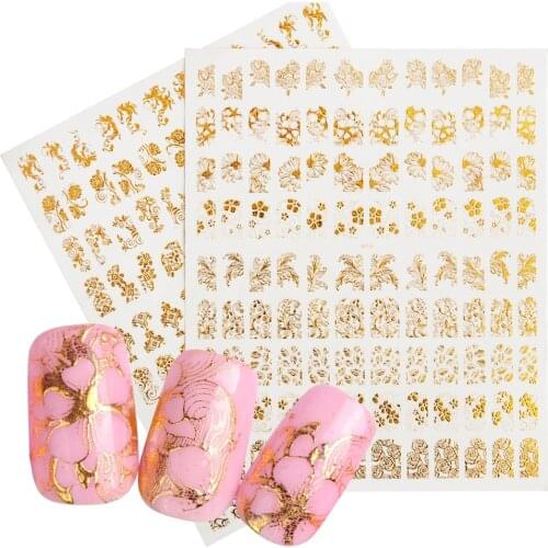 1pcs Large Gold Metal Flower Lace 3D Nail Sticker Bronzing Adhesive Transfer Tips Manicure Wraps Nail Art Decoration SAAD101-102