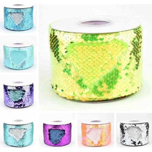 75mm 3 inch colorful Sequin Fabric Reversible Glitter Sequin Ribbon 25Yards/Roll