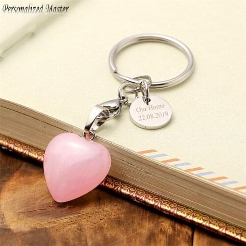 Personalized Master Name Engraved Keychain Natural Gem stone Chakra Healing Crystal Heart Shape Pendant Stainless Steel Key Ring