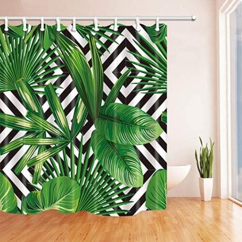 Jungle Plant Tropical Palm Leaves on the Black White Geometric Background Bath Curtain Polyester Fabric Waterproof Shower Curtai