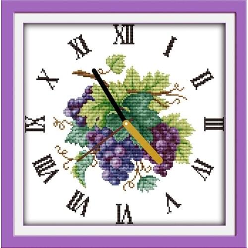 Purple Grape Clock Face Crafts Sewing Counted Cross Stitch Kits Printed Embroidery DIY Handmade Needle Work Wall Home Decor