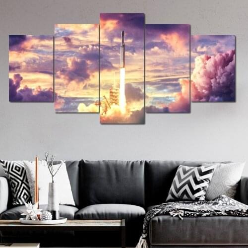 HD Prints Rocket Canvas Painting 5 Panel Wall Art Iridescent Cloud Poster Modular Aesthetic Picture Frame Home Decor Living Room