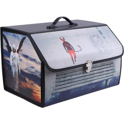PU Leather Trunk Car Organizer Folding Box Devil Angel Creative Printing Car Storage Box Stowing Tidying Auto Storage Bag