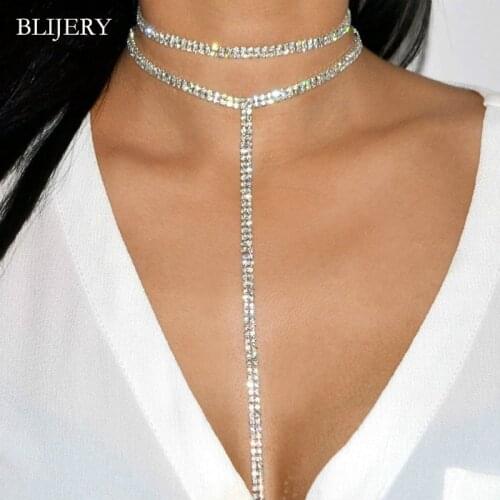 BLIJERY Bling Double Layer Crystal Rhinestone Long Tassel Choker Necklace for Women Statement Night Party Jewlery Collar Chokers