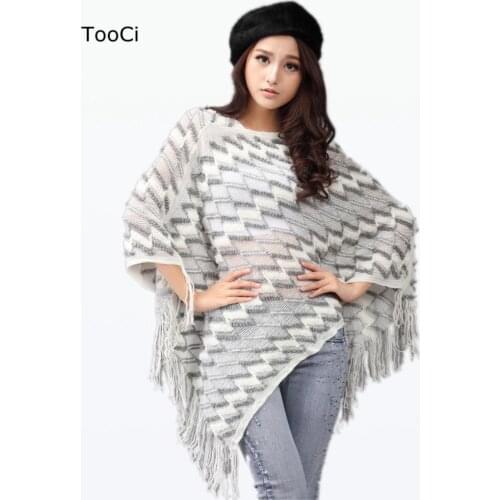 Fashion Spring Women White Sweater Ladies Tassels Poncho Long Knitted Pullovers Knitted Cape Coat