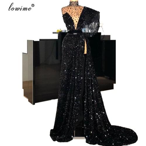 2020 Muslim One Shoulder Evening Dresses Long Formal Black Prom Dress With Tassels Crystals Celebrity Gowns Robe De Soiree