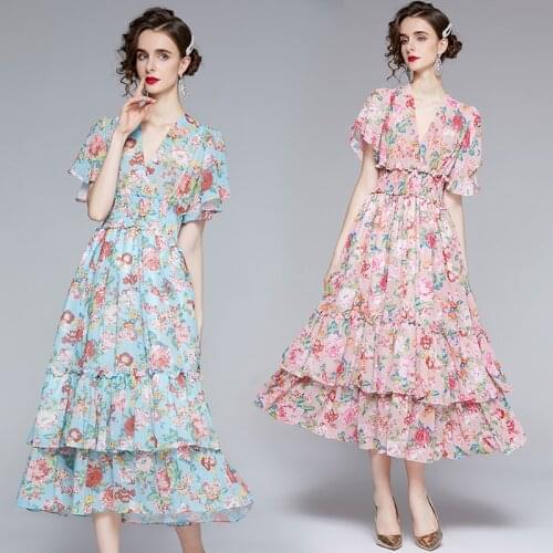 WTIANYUW 2021 Women New Fashion V Neck Ruffled High Waist Slim Floral Print Casual Dress Lady Sexy Vestidos Mujer