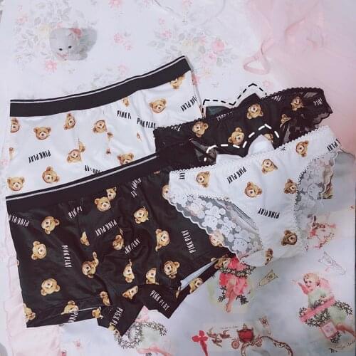 Couple Japanese Cute Cartoon Pattern Printing Silky Ladies Lace Triangle Mens Mid-waist Four-corner Milk Silk Panties