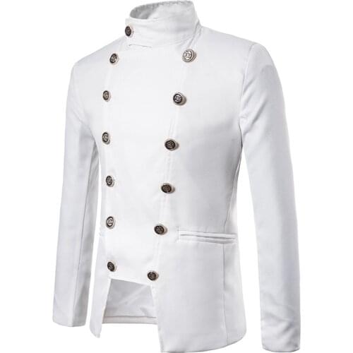 Mens White Double Breasted Blazer Jacket Slim Fit Stand Collar Blazer Men Daily Business Casual Jacket Male Veste Costume Homme
