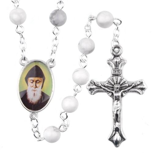 Religious 6mm White Howlite Turquoise Beads Rosary Virgin Mary St Charbel Catholic Cross Necklace