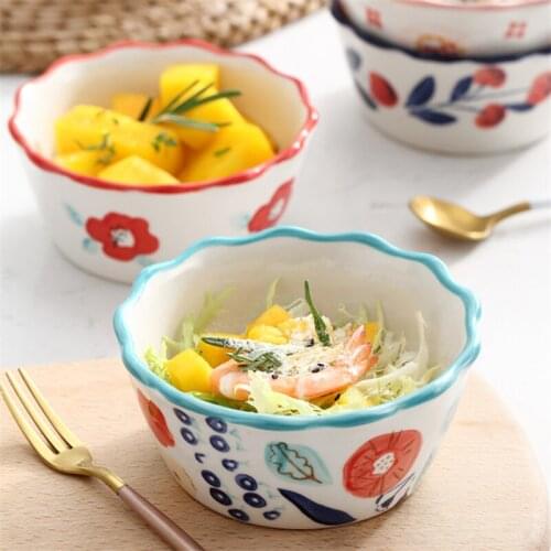 Nordic Hand-painted Ceramic Salad Dessert Soup Bowl Creative Household Breakfast Rice Fruit Bowl Kitchen Tableware Baking Bowl