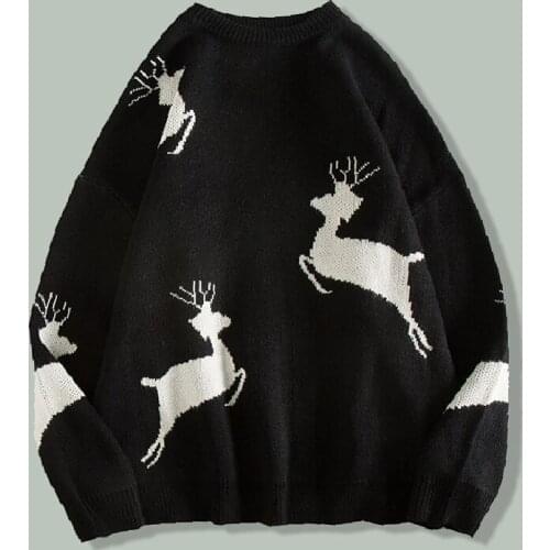 Christmas Elk Print Retro Knitted Sweaters Men Hip Hop Harajuku Streetwear Casual Sweaters 2021 Winter Couple Oversized Pullover