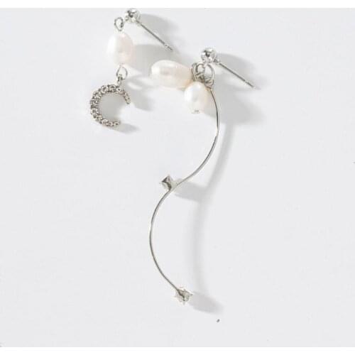 Korean Fashion New Earrings Temperament Wild Handmade Asymmetric Moon Pearl Crystal Earrings Ladies Factory Wholesale
