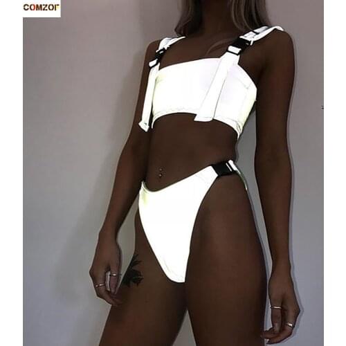 High quality women sexy two piece set reflective tank tops+sexy shorts patchwork bag buckles suit bikini clothing reflect sets