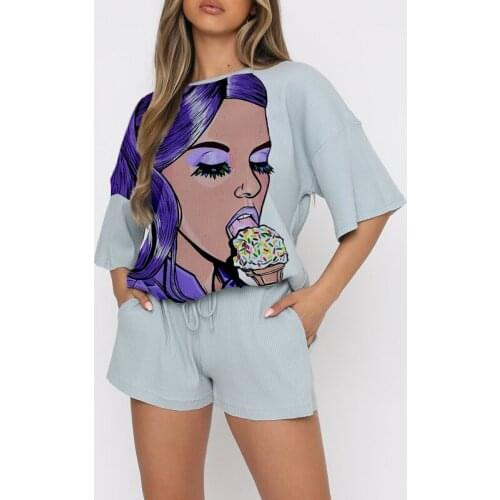 Ladies Summer Cartoon Face Printing 2-piece Set Casual Loose Solid Color Round Neck Top + Drawstring Shorts Suit Daily All-match