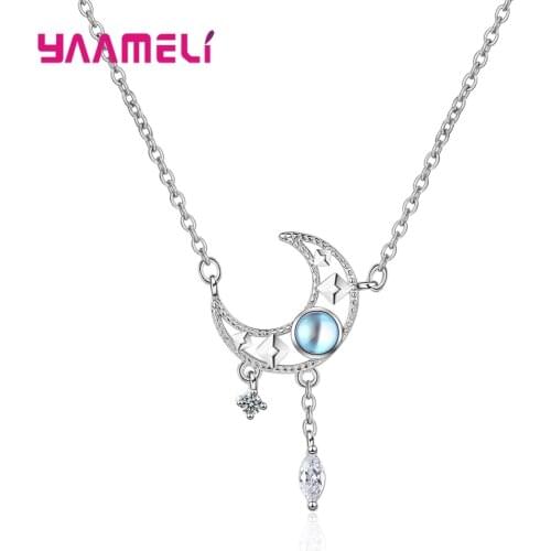 Special Sale S925 Sterling Silver Women Girls Gift Hollow Moon Cubic Zircon Pendant Necklace for Wedding Engagement