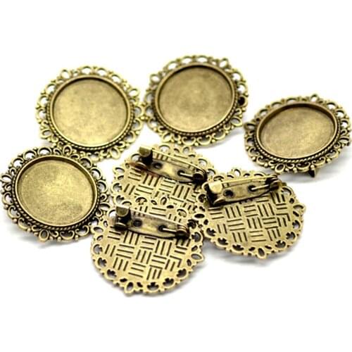 250Pcs Bronze Tone Round Flower Cabochon Cameo Frame Setting Brooches Jewelry Making Component 32mm(Fit 20mm)