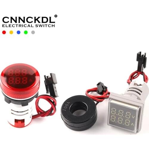 22mm Mini Round Square Digital Voltmeter Ammeter AC 20-500V 0-100A Amp Volt Voltage Tester Meter Dual LED Indicator Pilot Light