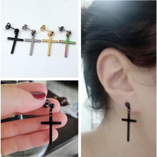 Cxwind 1Pair Fashion Black Punk Cross Pendant Cartilage Drop Dangle Earring Stainless Steel Street Rock Earrings for Women Men