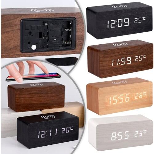 Wooden Alarm Clock With Qi Wireless Charging Pad For Iphone Samsung HD Mirror Led Digital Clock Date Sound Control Home Decor