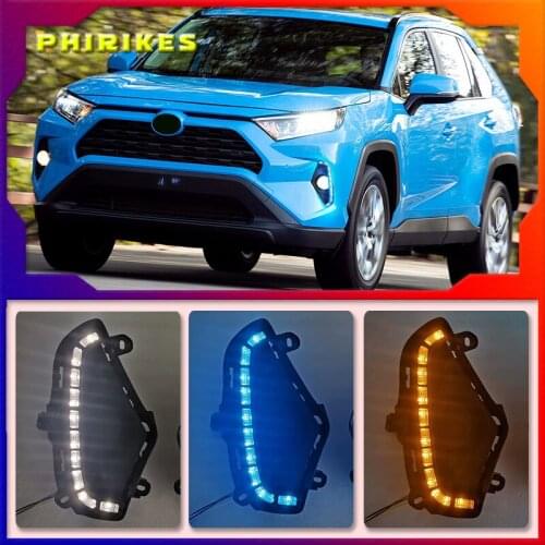 For Toyota RAV4 2019 2020 Yellow Turn Signal Function Waterproof ABS 12V Car DRL LED Daytime Running Light With Fog Lamp Hole
