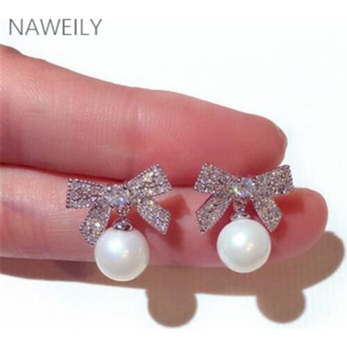 Elegant Silver Color Bow Rhinestone Stud Earring Fashion Imitation Pearl Earrings For Women Jewelry Gift