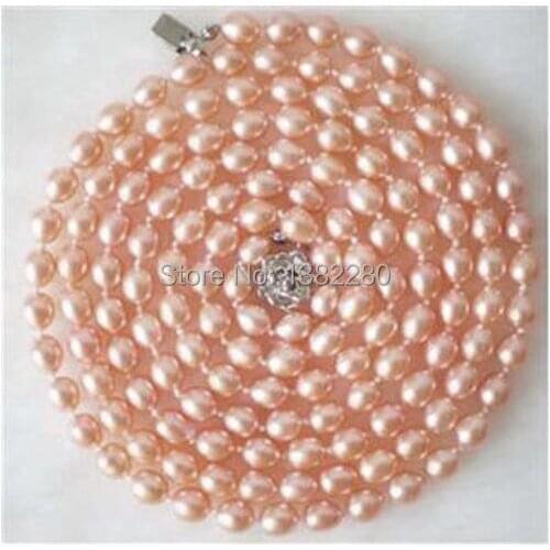 Rice Shape 7-8mm Pink pearl long necklace 35inch DIY handmade women hot sale jewelry making design fashion style