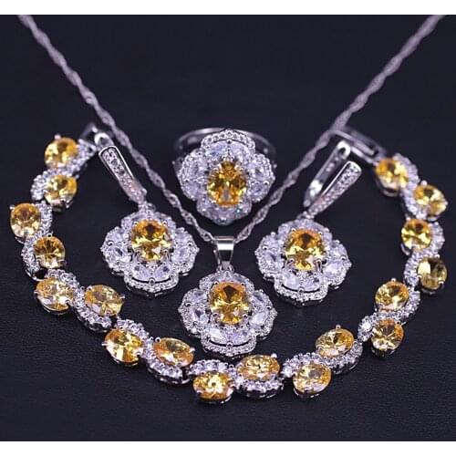 Sparking Yellow Top Zircon &Crystal Silver Color Costume Jewelry Set For Women Bracelet Necklace Earrings Ring Bridal Jewelry