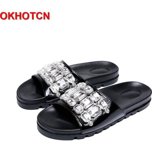Handmade Leather Slippers Men Crystal Walking Sandals Rhinestone Slippers Men Big Size Shoe Garden Moccasins Men Genuine Leather