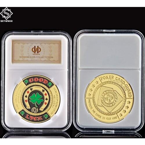 Fashion Poker Card Guard Chips Good Luck Gold Green Clover Challenge Token Coin Collections W/ PCCB Display