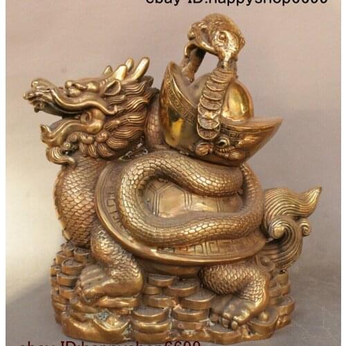 Folk China Copper Brass Dragon Tortoise Loong Turtle Snake Yuan Bao Coins Statue