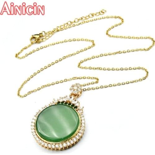 New Arrival Gold Color Plating 30mm Big Green Chalcedony Pendant Necklace For Women Gift Jewelry